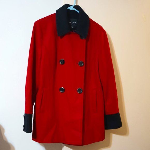 Nautica Jackets & Blazers - VGUC Vintage Wool Blend Pea Coat in Bright Red & Navy Blue by Nautica (Size: XL)